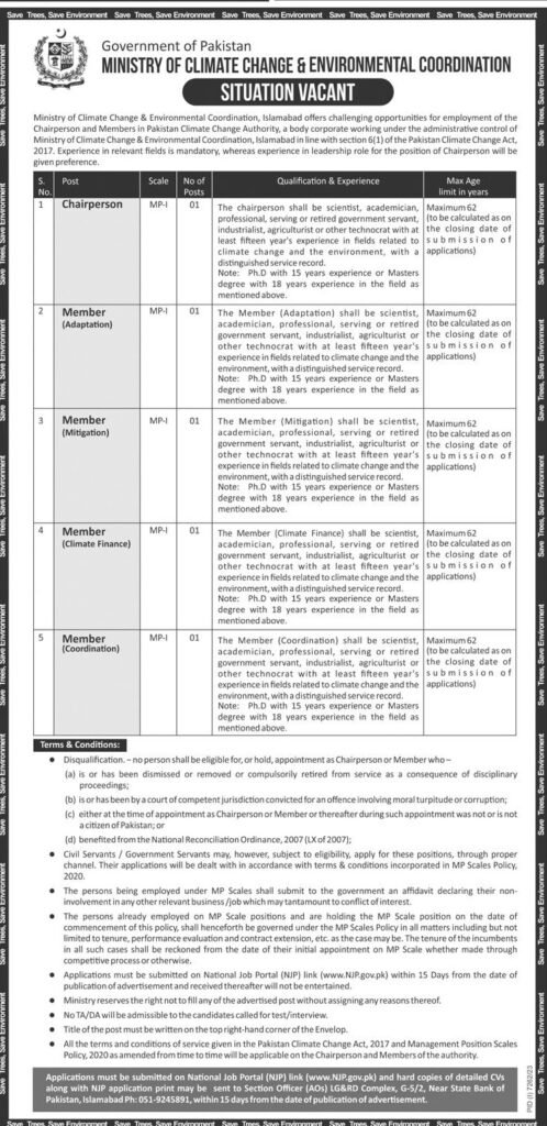 Advertisement of Vacancies in Federal Government vacancies in Ministry of Climate Change