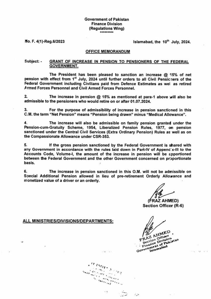 Finance Division Notification for Pension Increase 2024 for Federal Govt Employees