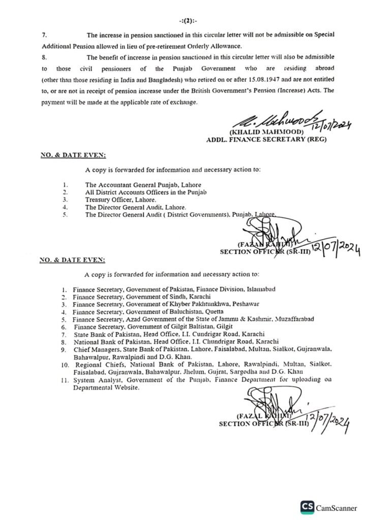 Notification issued by the Finance Department of Punjab regarding the 2024 pension increase for civil pensioners page 2