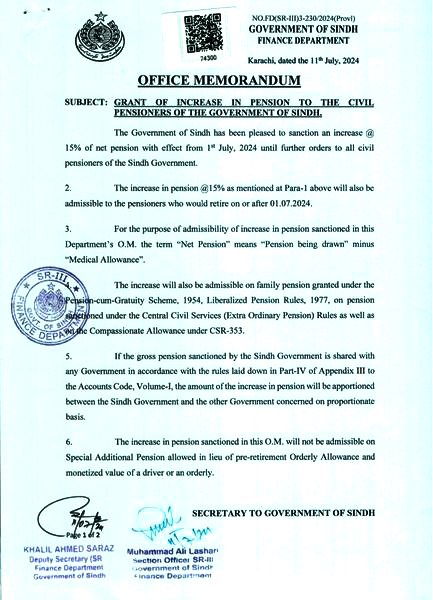 Notification issued by the Finance Department of Sindh regarding the 2024 pension increase for civil pensioner