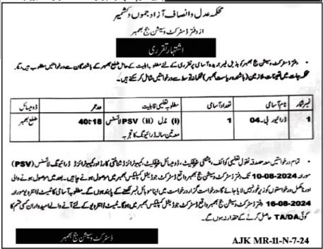 Advertisement for driver post by District and Session Judge Bhimber