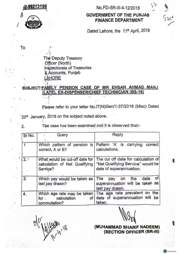 Finance Department pension clarification notification No. FD-SR-III-4-12/2018 issued on 11-04-2018, addressed to Deputy Treasury Officer North