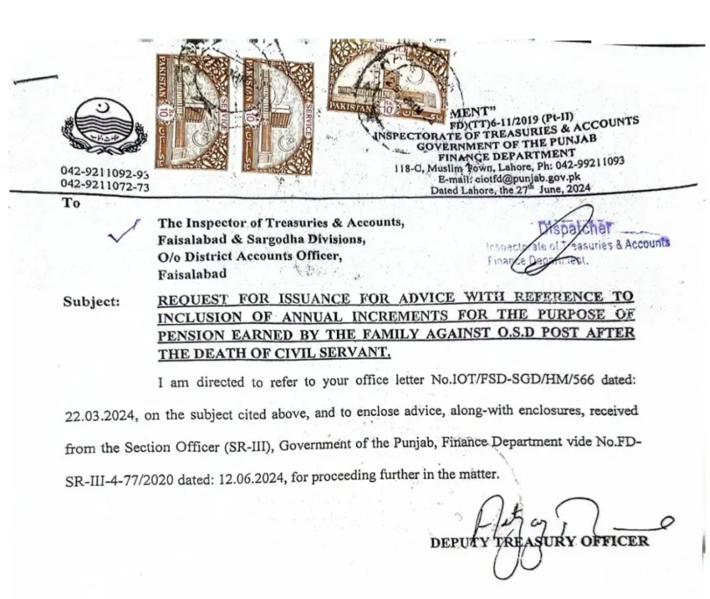 Clarification from the Finance Department dated 27-06-2024 regarding inclusion of annual increments for pension earned by family against OSD post after the death of a civil servant