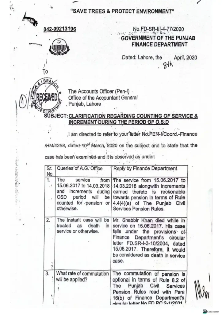 Clarification from the Finance Department dated 08-04-2020 regarding counting of service and increments during the OSD period-page 1
