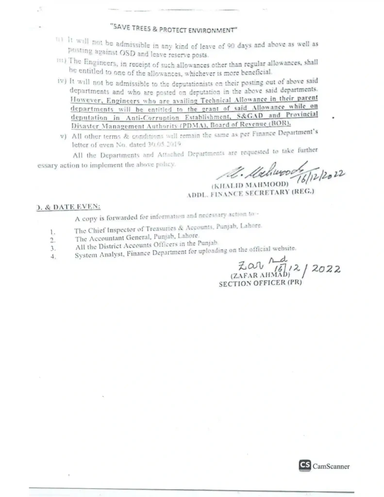 Image of letter No. FD-PR-12-6/2018 dated 16-12-2022 detailing Punjab Government engineers' pay packages-page 3 of 3