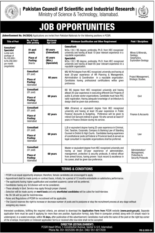PCSIR Jobs 2024 advertisement published by Director Establishment with job vacancies and application details