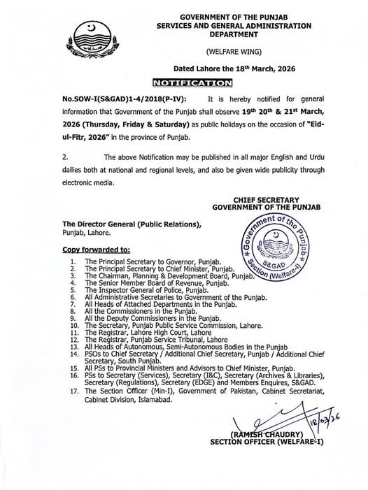 Punjab Eid-ul-Fitr 2026 Public Holidays Notification official government document declaring three days off