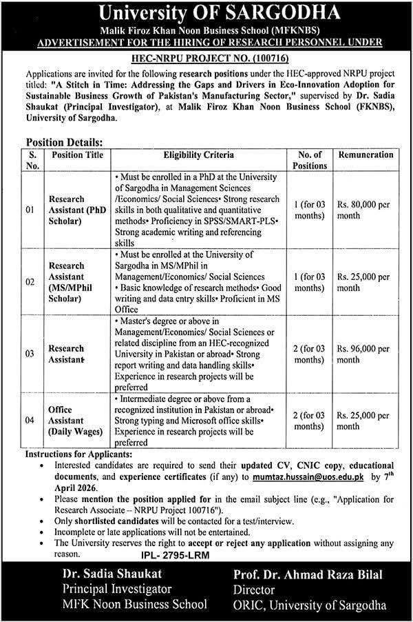 HEC NRPU research jobs university of Sargodha, featuring four positions with salaries up to Rs. 96,000
