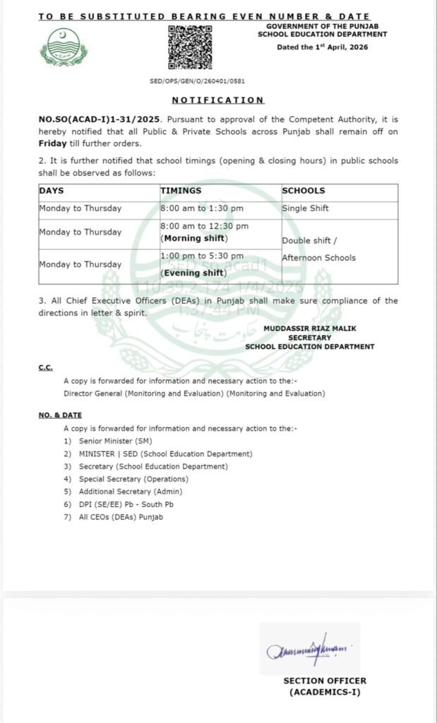Official government notification showing revised punjab school timings 2026 and Friday closure order