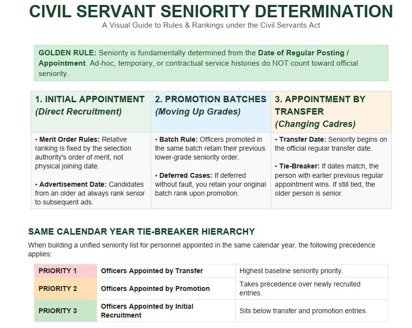 Civil servant seniority determination rules and tie-breaker priority hierarchy guide under the Civil Servants Act